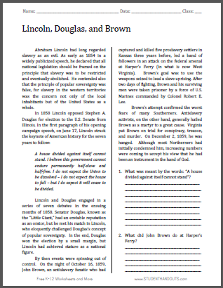 Lincoln, Douglas, and Brown - Free printable reading with questions (PDF file) for high school United States History students.