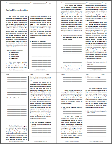 Radical Reconstruction - Free printable reading with questions for high school United States History students (PDF file).