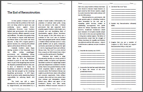 The End of Reconstruction - Free printable reading with questions (PDF file) for high school United States History teachers and students.