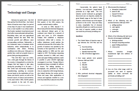 Technology and Change Reading with Questions - Worksheet is free to print (PDF file) for high school United States History classes.