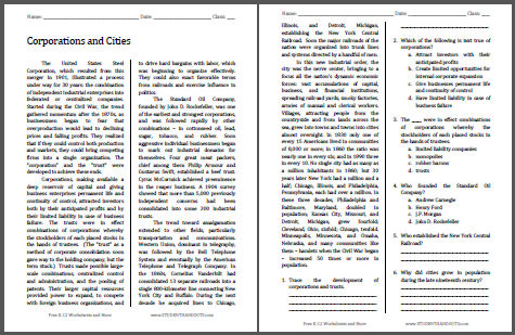 Corporations and Cities Reading with Questions - Free to print (PDF file) for high school American History students.