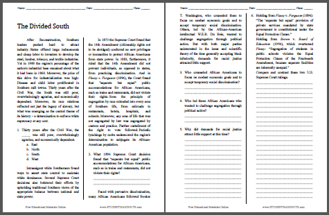 The Divided South - Free printable reading with questions worksheet (PDF file) for high school American History students.