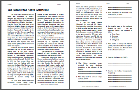 Plight of the Native Americans - Reading with questions for high school United States History classes. Free to print (PDF file).