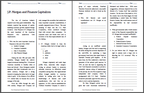 J.P. Morgan and Finance Capitalism - Reading with questions for high school United States History students. Free to print (PDF file).