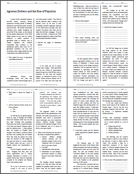 Agrarian Distress and the Rise of Populism - Free printable reading with questions for high school American History.