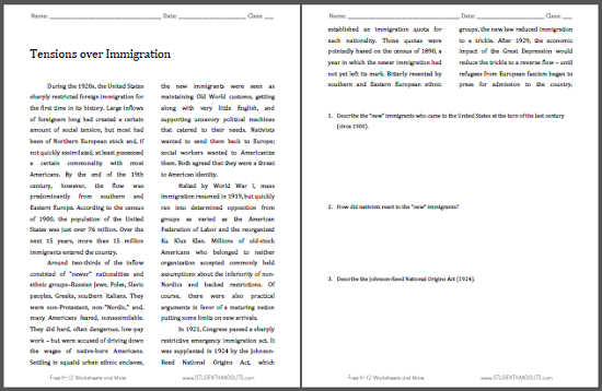 Tensions over Immigration Reading with Questions - Worksheet is free to print (PDF file) for high school United States History courses.