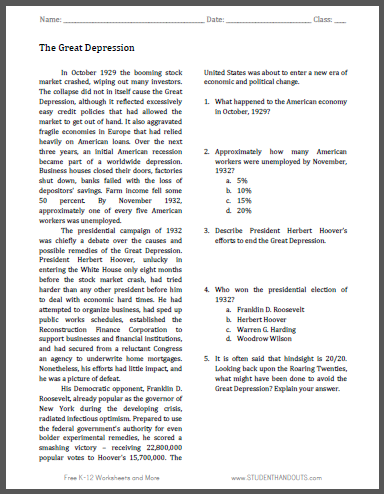 The Great Depression - Free printable reading worksheet with questions (PDF file).