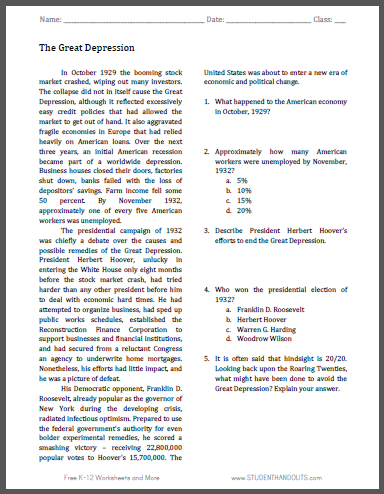 Great Depression Reading with Questions | Student Handouts