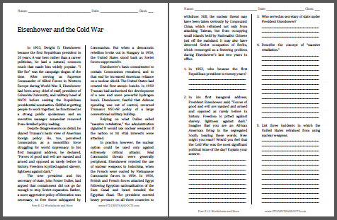 Eisenhower and the Cold War - Free printable reading with questions (PDF file) for high school United States History students.