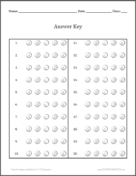 Bubble Answer Sheet for 20 Questions - Free to print (PDF file).
