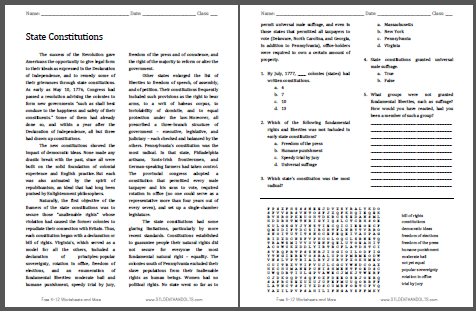 "State Constitutions" Reading with Questions for High School United States History Students