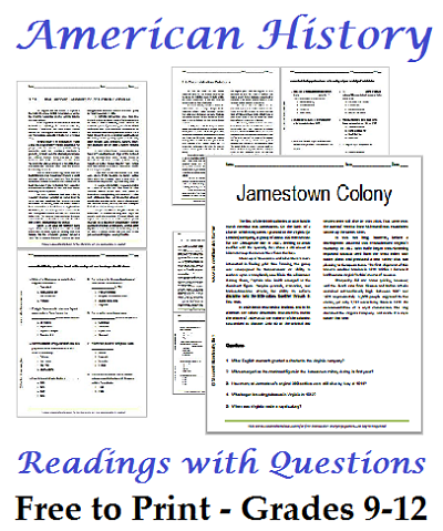 list of american history readings worksheets for high school students free to print