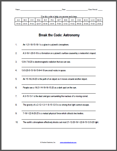 Astronomy Cryptogram Worksheet - Free to print (PDF file).