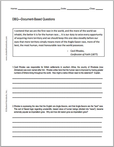 Free Printable DBQ Worksheet - Excerpt from Cecil Rhodes'
Confession of Faith (1877)