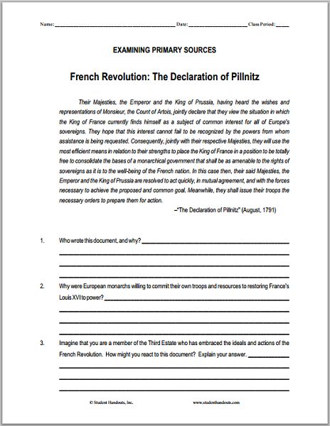 Declaration of Pillnitz (1791) DBQ Worksheet on the French Revolution