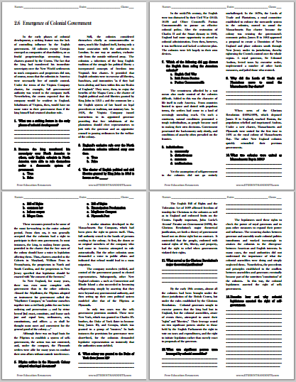 Emergence of Colonial Government - Free printable reading with questions worksheet for high school United States History students.