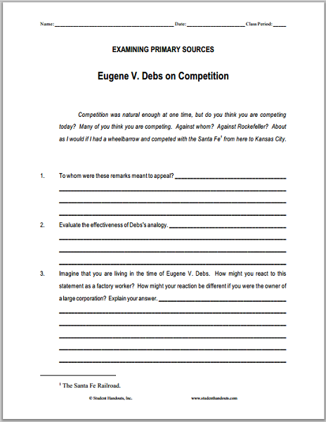 Eugene V. Debs on Competition DBQ Worksheet - Free to print (PDF file).