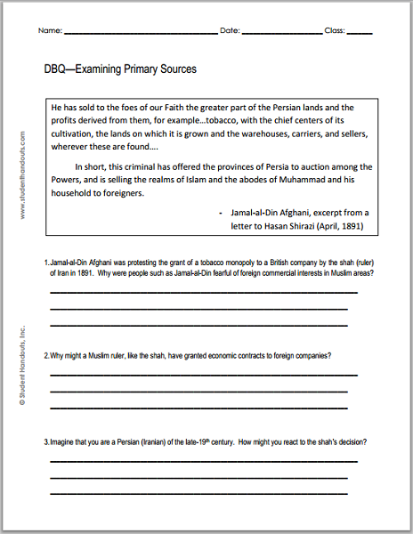 Free Printable DBQ Worksheet - Jamal-al-Din Afghani's
"Letter to Hasan Shirazi" (April, 1891)