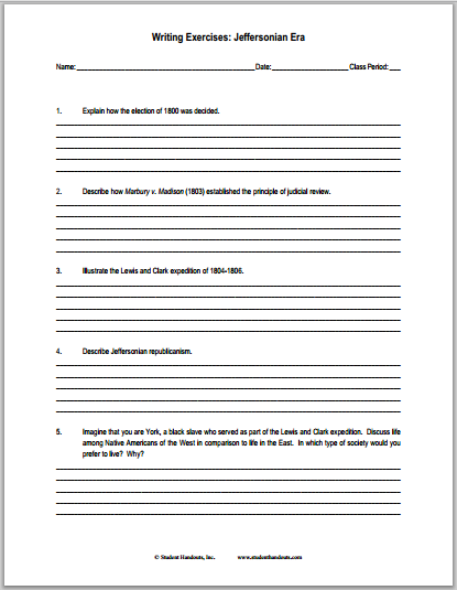 Jeffersonian Era Essay Questions - Free to print (PDF file) for high school American History students.