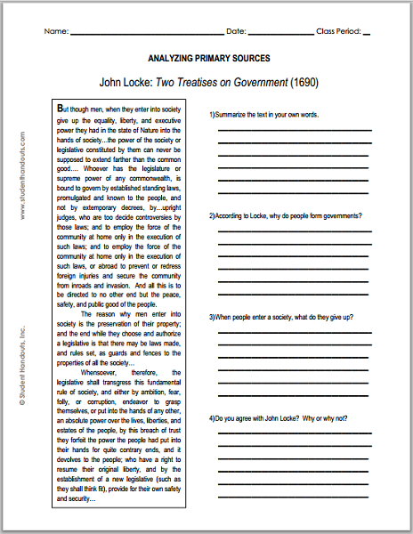 John Locke's Two Treatises on Government DBQ Worksheet | Student Handouts