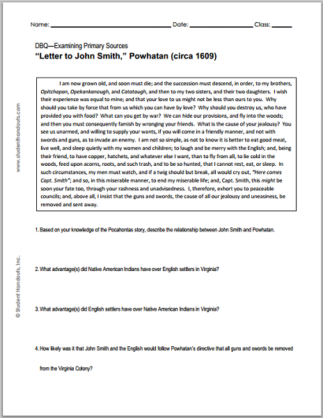 Letter to John Smith by Powhatan, circa 1609 - DBQ Worksheet | Student