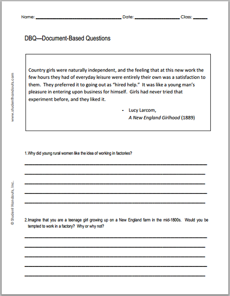 A Contemporary England Girlhood (1889) by way of Lucy Larcom - DBQ Worksheet image regarding American Revolution Printable Worksheets identified as A Fresh England Girlhood (1889) by way of Lucy Larcom - DBQ Worksheet