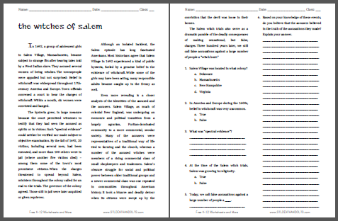 Salem Witch Trials Reading with Questions | Student Handouts