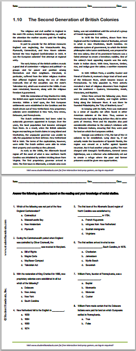 "The Second Generation of British Colonies" Reading with Questions for High School United States History Students