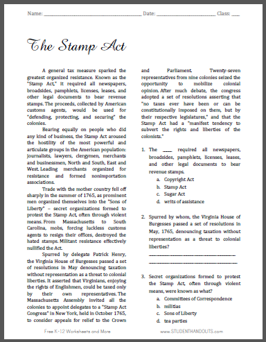 The Stamp Act - Free printable reading with questions for United States History students.