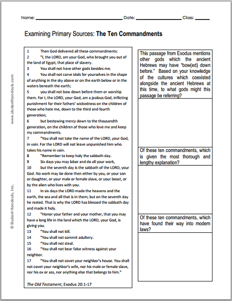 Examining Primary Resources: DBQ worksheet on the Ten Commandments of the Old Testament