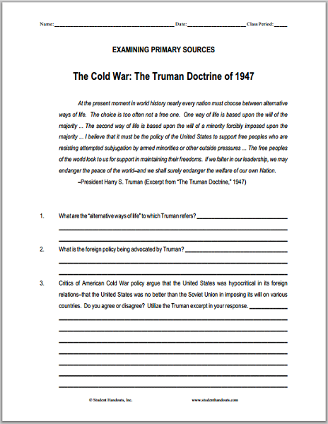 The Truman Doctrine (1947) DBQ Worksheet - Free to print (PDF file).