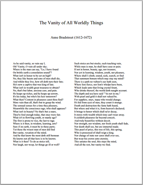 "The Vanity of All Worldly Things" by Anne Bradstreet