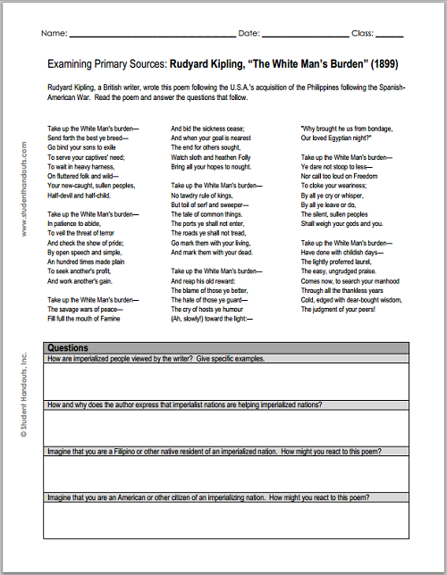 Rudyard Kipling's "The White Man's Burden" (1899) - Free printable DBQ worksheet (PDF file).