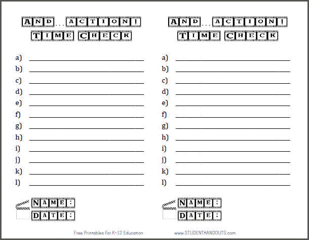 And action! Time check handout for reading a clock throughout the day. Free to print (PDF file).