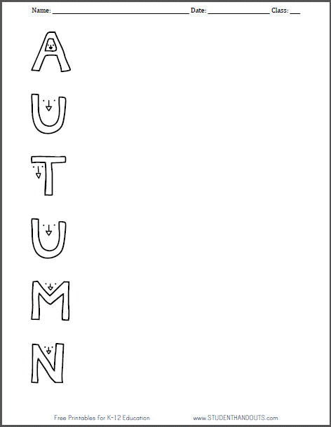 Autumn Acrostic Poem Worksheet - Free to print (PDF file).