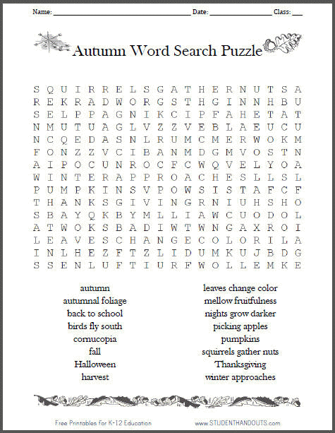 Free Autumn/Fall Word Search Puzzle Worksheet - Free to print (PDF file).