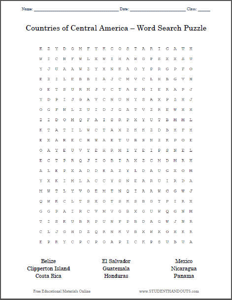Central American Countries Word Search Puzzle - Worksheet is free to print (PDF file).