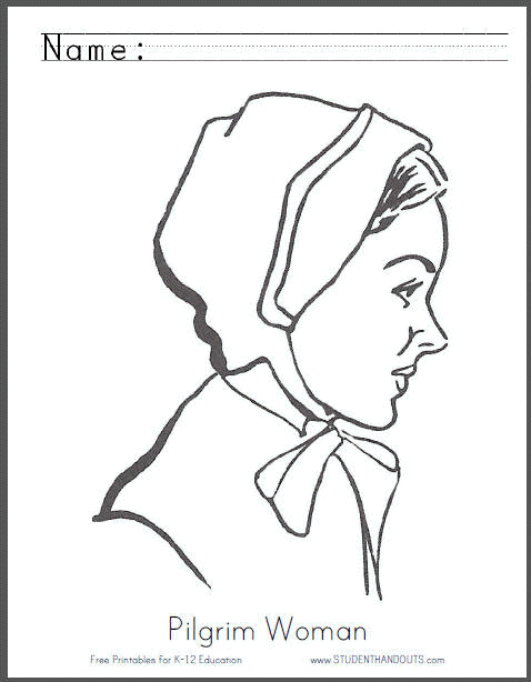 Free Printable Pilgrim Woman Coloring Page Worksheet for Kids to Celebrate Thanksgiving Day