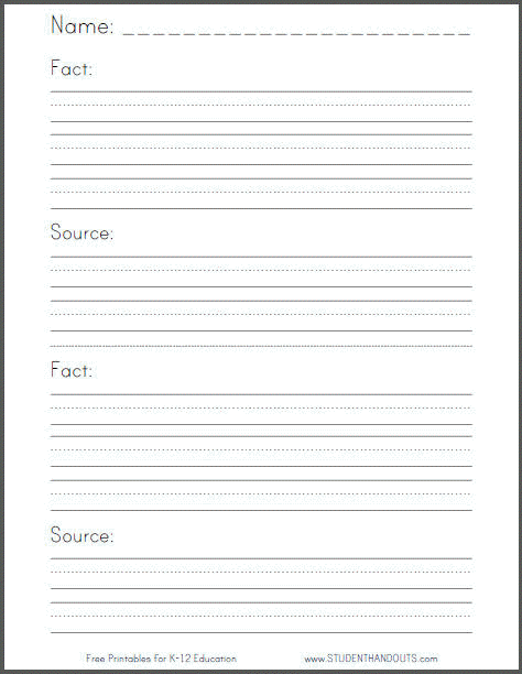 Citations Worksheet for Kids - Free to print (PDF file). Students learn to cite their sources by jotting down facts and where the information was acquired.