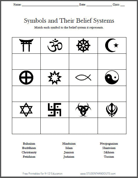 Religious Symbols Matching Worksheet - Free to print (PDF file).