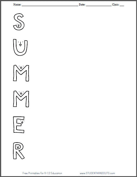 summer free printable acrostic worksheet student handouts