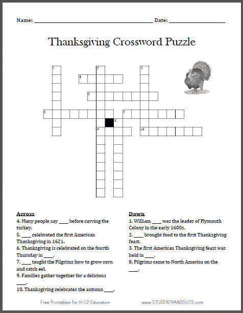 Free Printable Thanksgiving Crossword Puzzle | Student Handouts