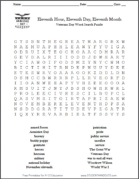 veterans armistice day word search puzzle student handouts