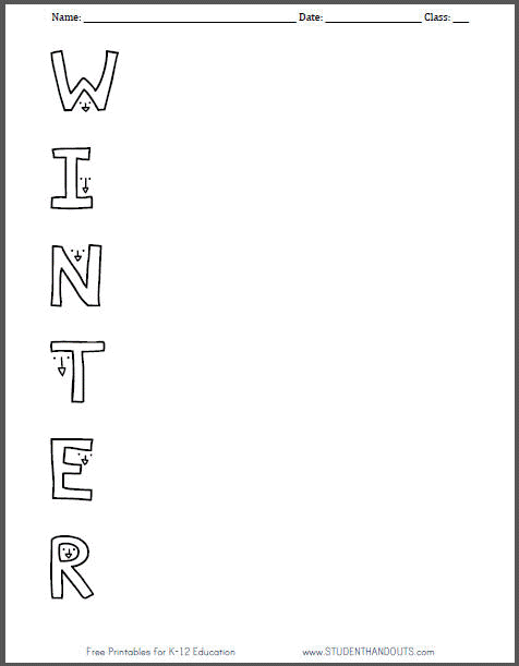 Winter Acrostic Poem Worksheet - Free to print (PDF file).