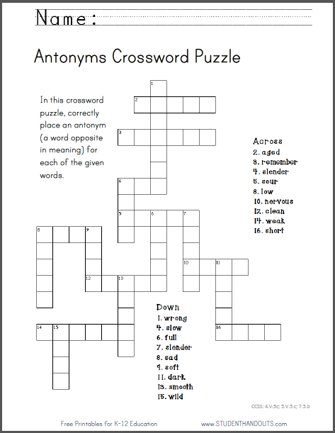 Antonyms Crossword Puzzle Worksheet - Free to print (PDF file) for ELA English Language Arts students.