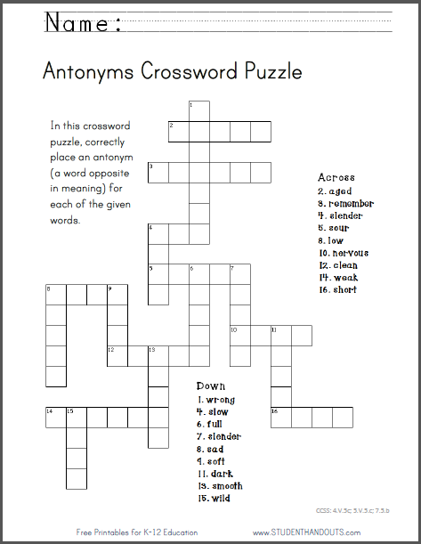 Antonyms Crossword Puzzles (6 Puzzles With and Without Word Bank)