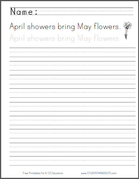 April Showers Handwriting Sheet - Print or cursive worksheet is free to print (PDF file).