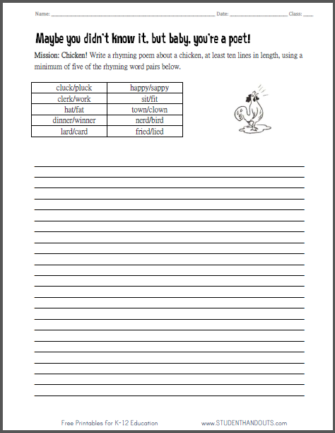 Mission: Chicken! Poetry Handout - Rhyming poem worksheet is free to print (PDF file).
