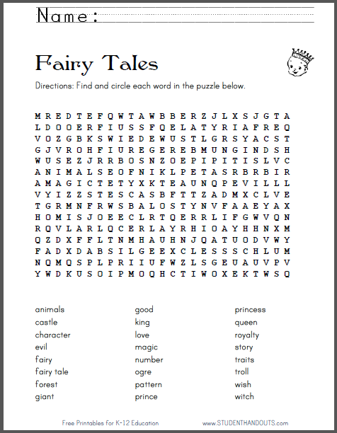Fairy Tales Word Search Puzzle - Free to print (PDF file).