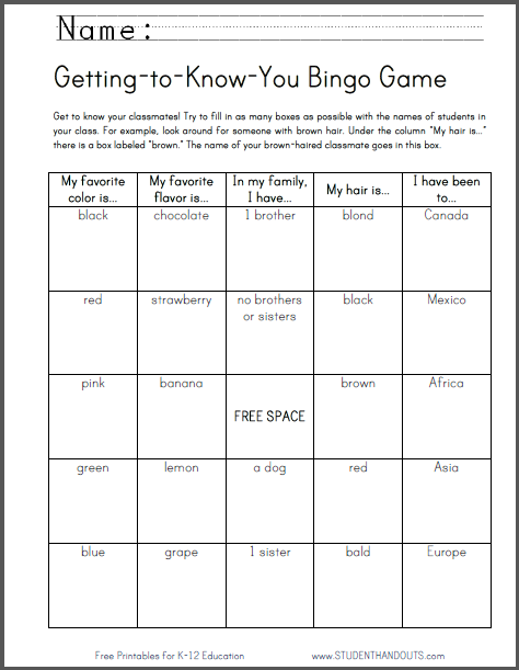 Getting-to-Know-You Bingo Game - Icebreaker is free to print (PDF file) for elementary school students.